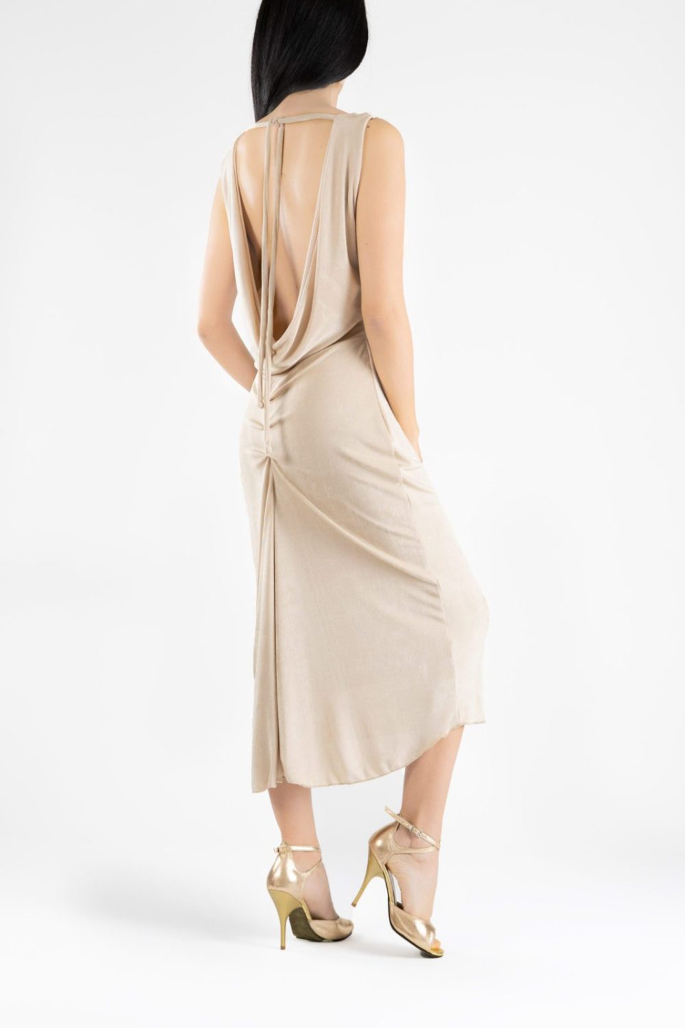 Open draped back tango dress in gold color