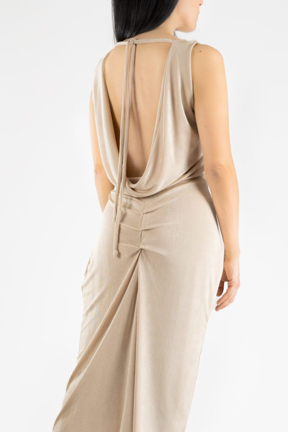 Open draped back tango dress in gold color
