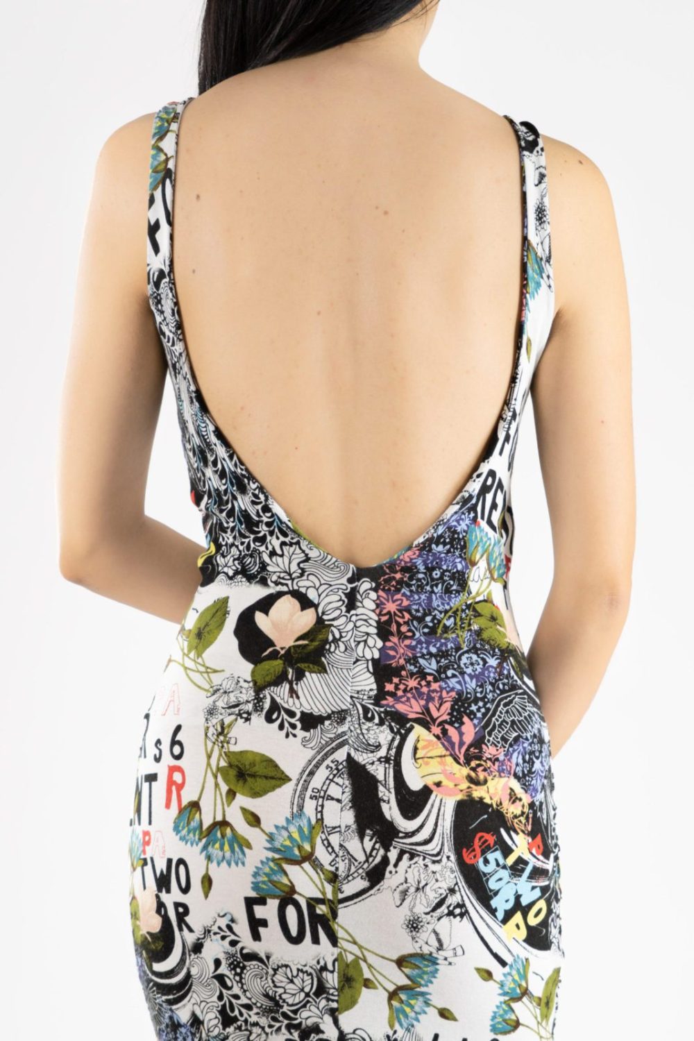 open low back tango dress in multicolour print with back slit