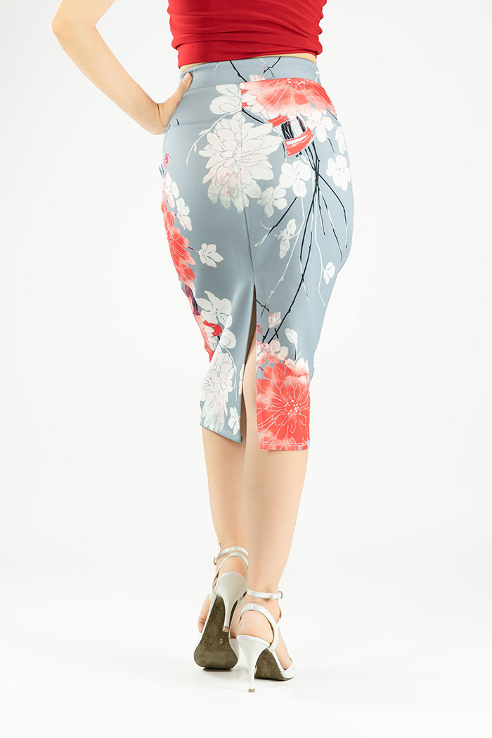 Wrap tango skirt in japanese floral print with back slit